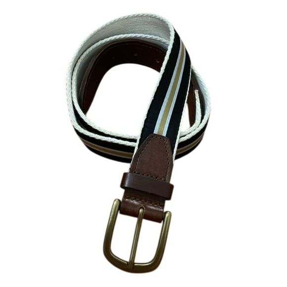 The Royal Standard TRS Black & Gold Ribbon Belt Brass Buckle Mens Size 38? - Picture 1 of 9